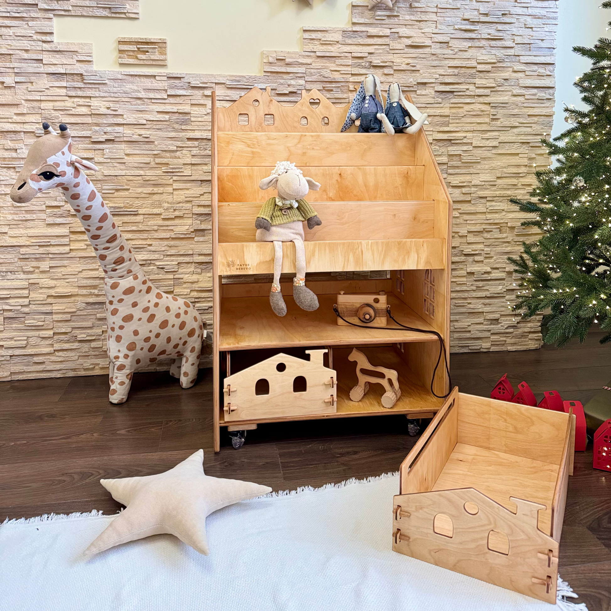 Montessori Toy & Book Shelf Organizer, Wooden Kids Storage with Bins and Wheels, Personalized Nursery Furniture