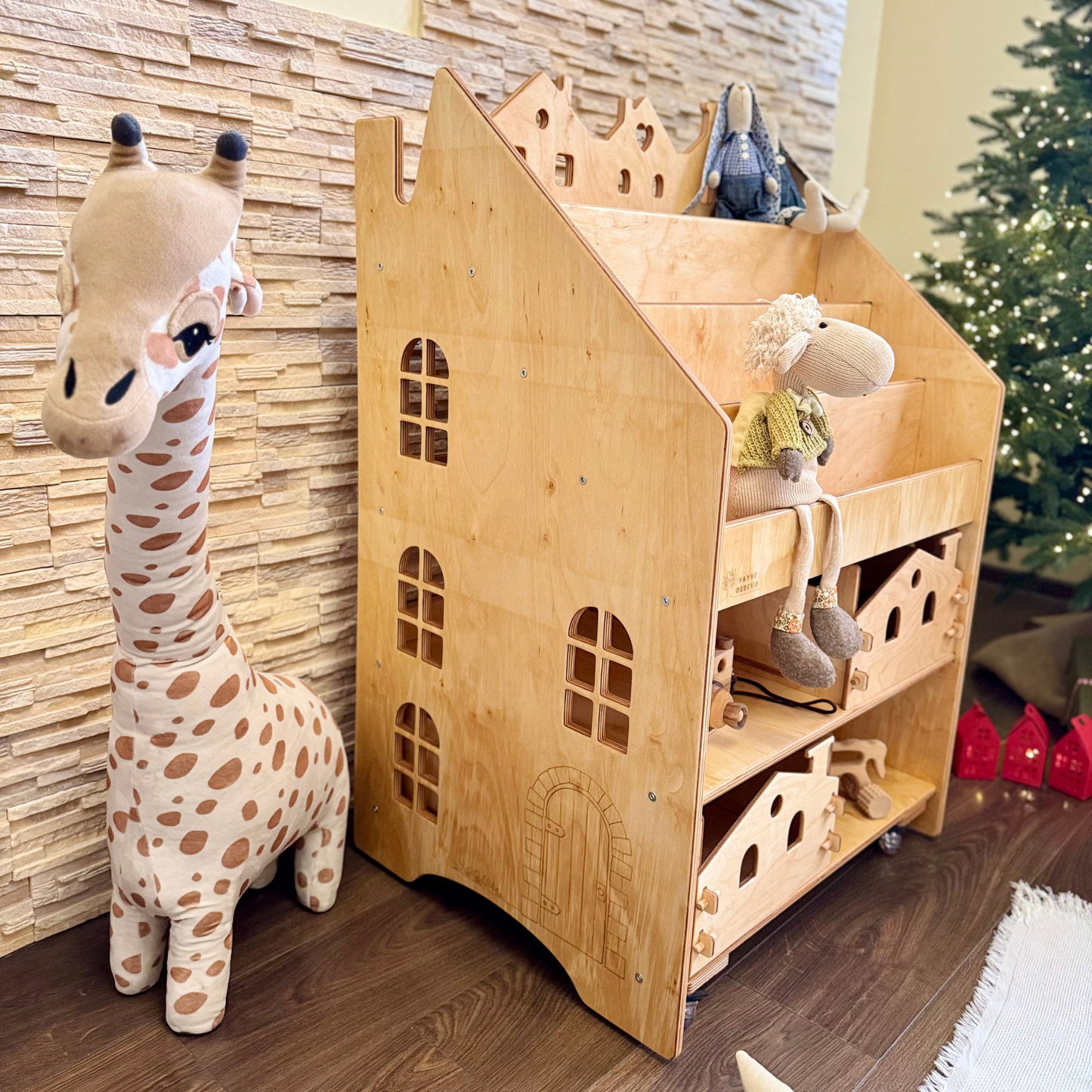 Montessori Toy & Book Shelf Organizer, Wooden Kids Storage with Bins and Wheels, Personalized Nursery Furniture