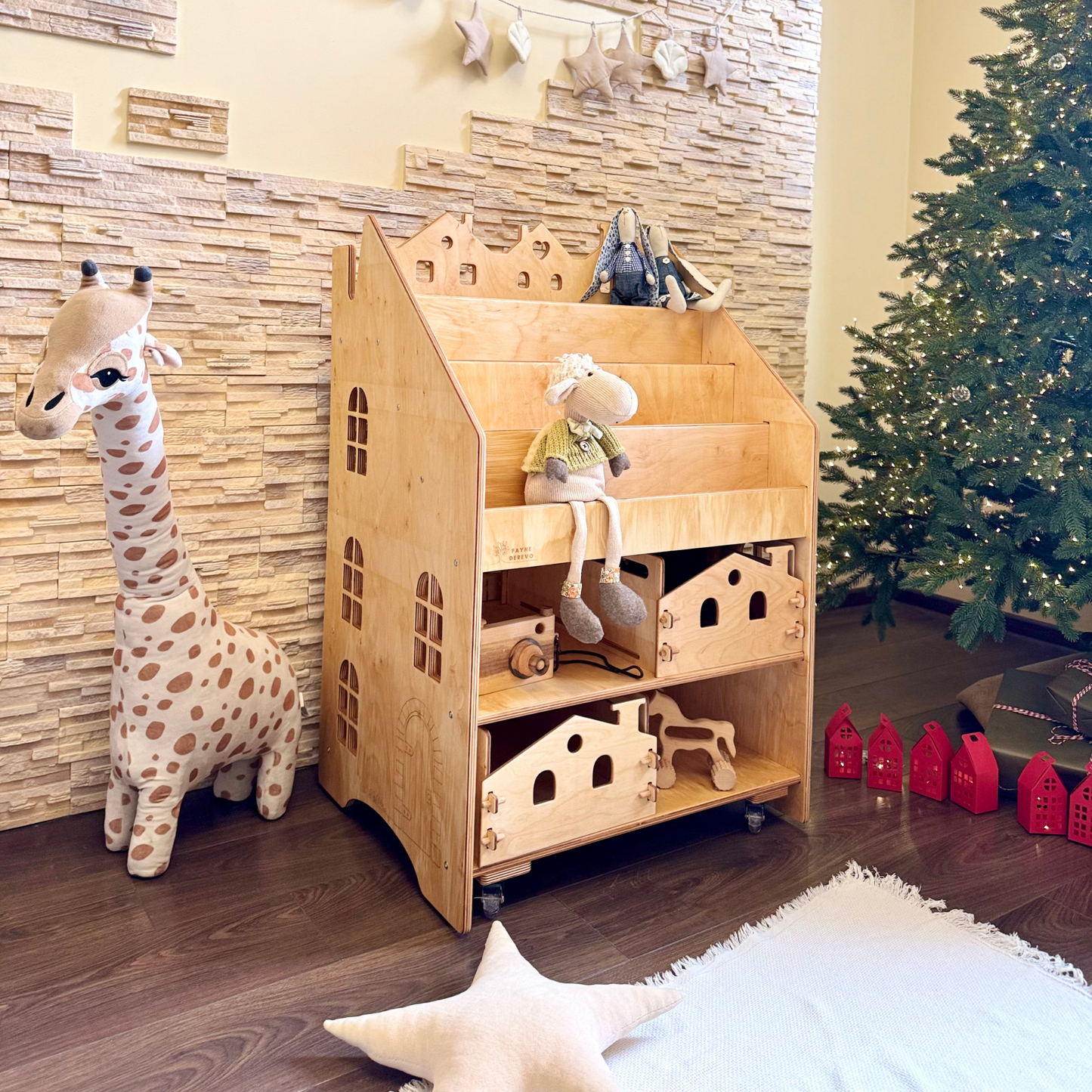 Montessori Toy & Book Shelf Organizer, Wooden Kids Storage with Bins and Wheels, Personalized Nursery Furniture