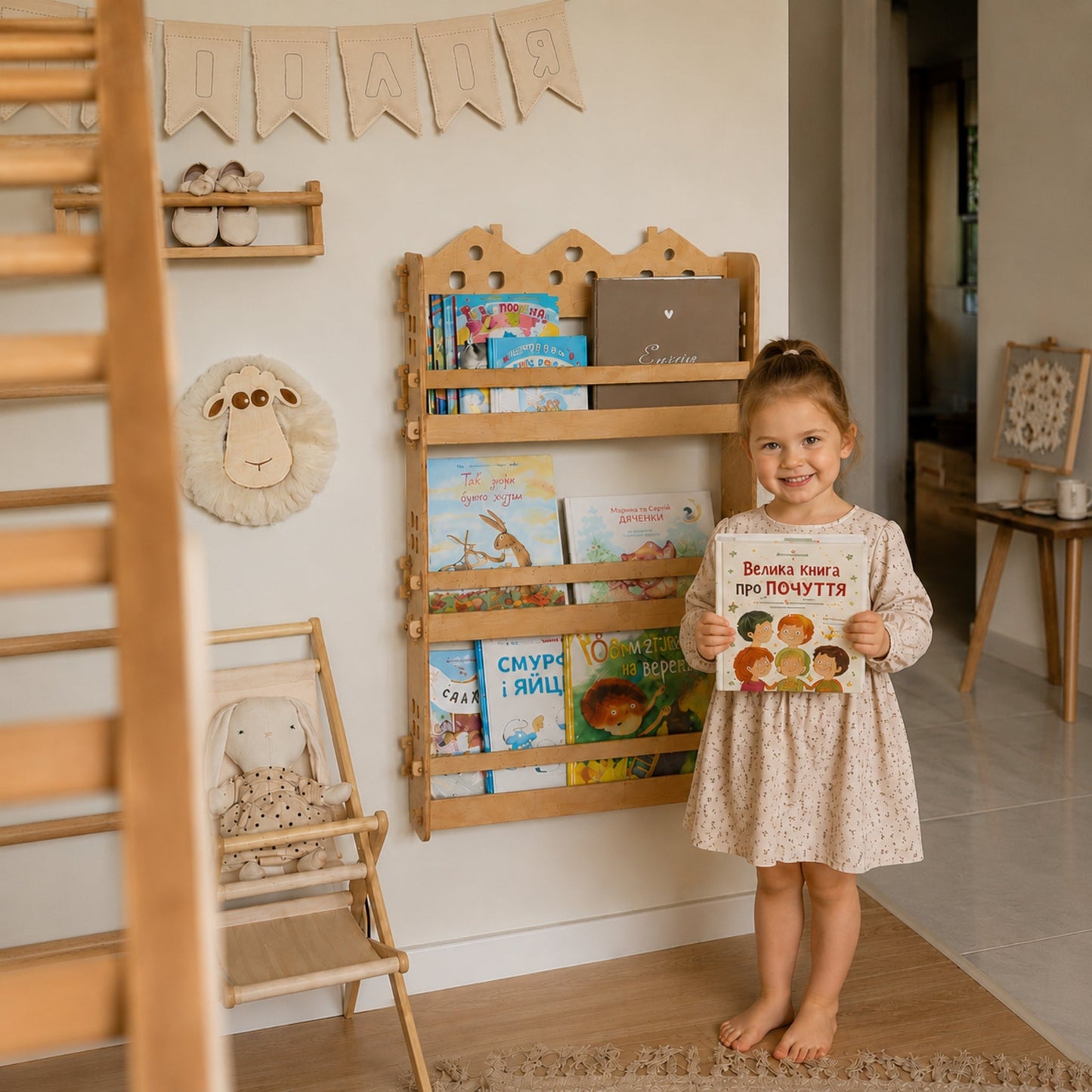 Kids Wooden Bookshelf – Montessori Wall Book Display Shelf for Kids Room, Personalized Engraving
