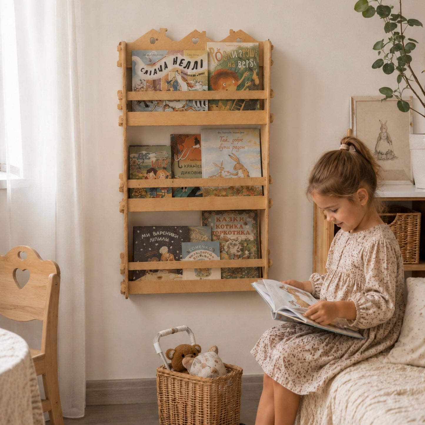 Kids Wooden Bookshelf – Montessori Wall Book Display Shelf for Kids Room, Personalized Engraving