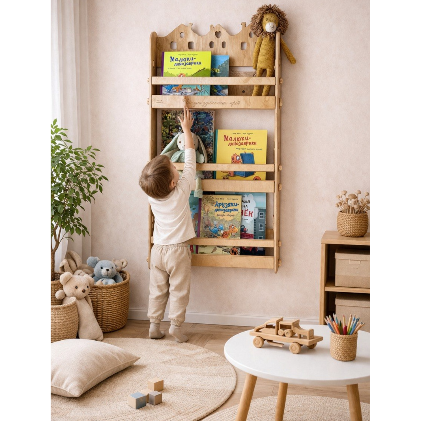 Kids Wooden Bookshelf – Montessori Wall Book Display Shelf for Kids Room, Personalized Engraving